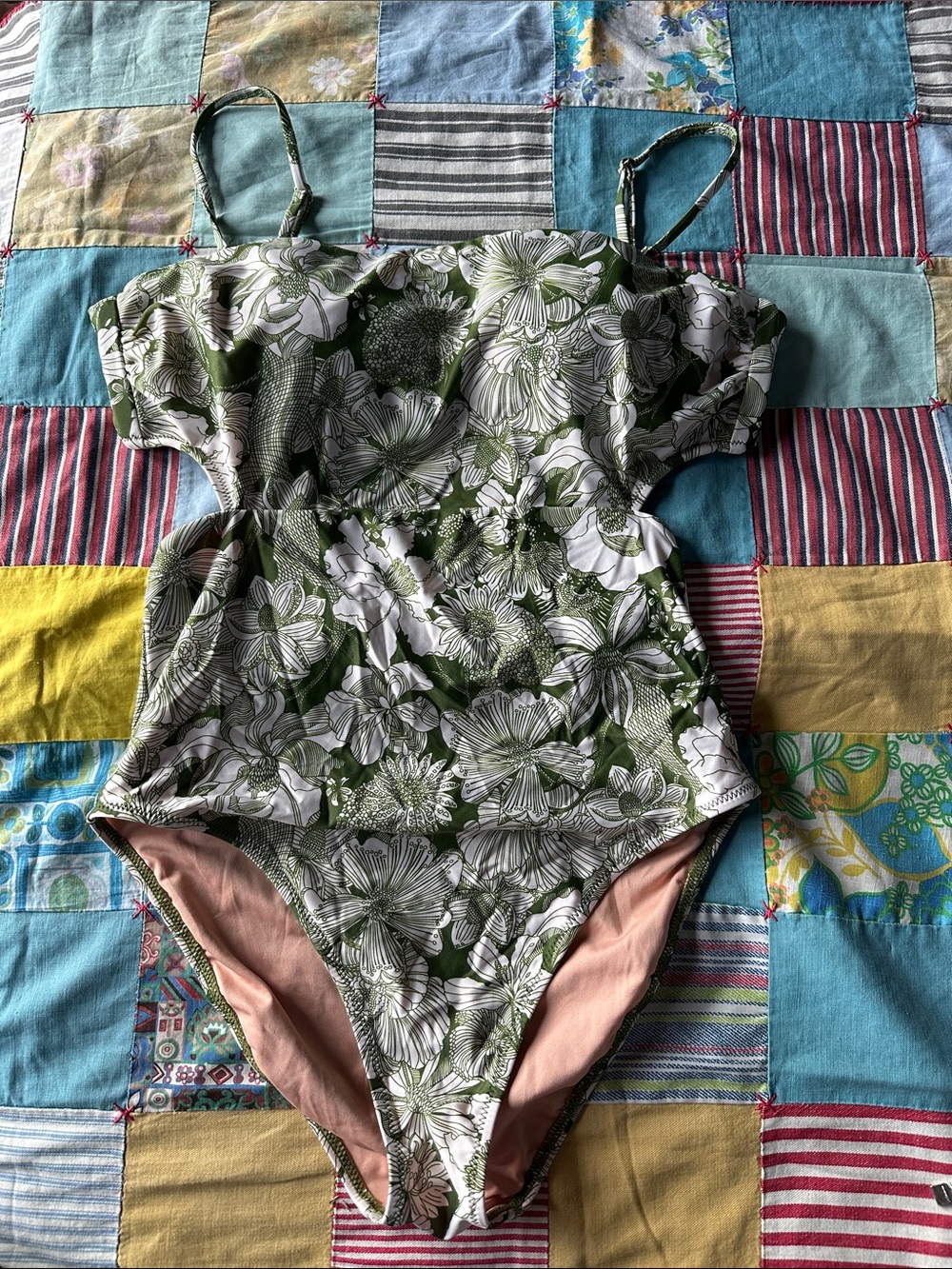 J Crew Liberty Green Floral One-Piece cut out Swimsuit